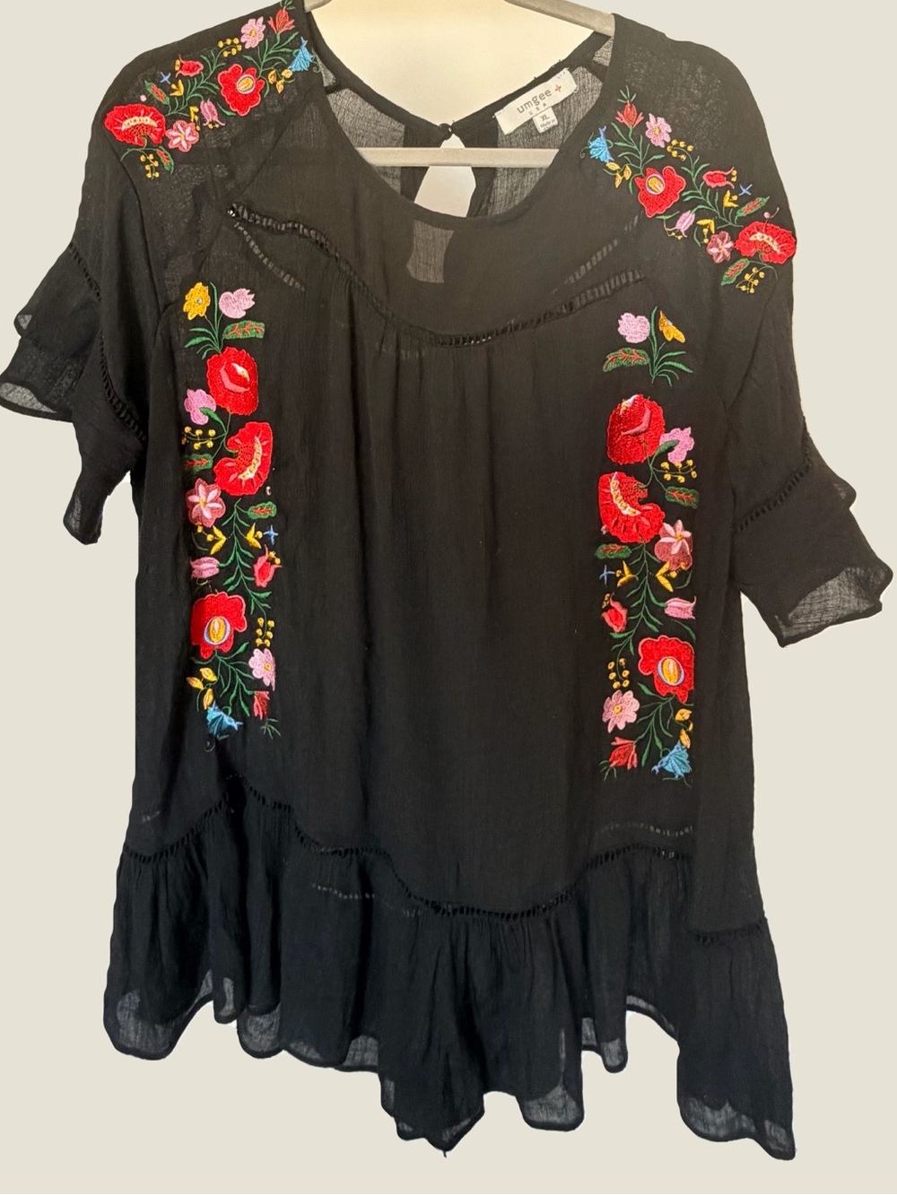 Umgee Black Boho Tunic with Red Floral Embroidery
